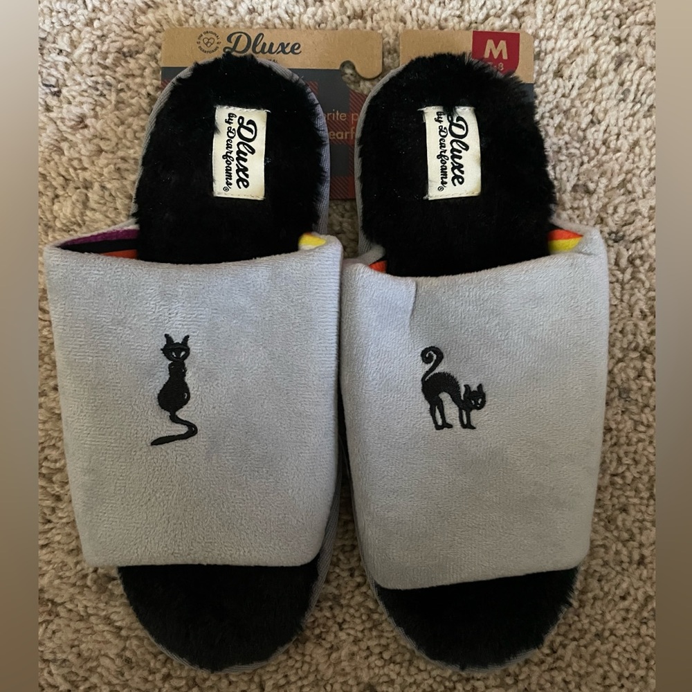 NEW Dearfoams Slipper Gray Plush Slide Embroidered Black Cat Women's Size 7-8